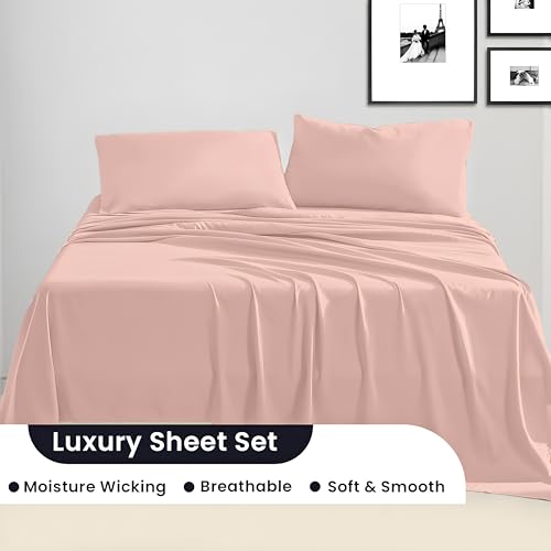 Image of SGI bedding Full XL Bed Sheets Set - Premium 600 TC Egyptian Cotton, Crisp & Cooling Sateen Weave, Extra Soft Hotel Collection, Fits Mattresses Up to 16 Inch Deep, Breathable & Long Lasting - Peach