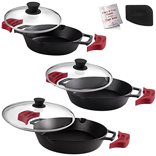 Cast Iron Skillet Set - 8"+10"+12"-Inch Dual Handle Frying Pans + Glass Lids + Silicone Handle Holder Covers - Pre-Seasoned Oven Safe Cookware - Indoor/Outdoor Use - Grill, Stovetop, Induction Safe by CUISINEL - Used condition - CA$70.21