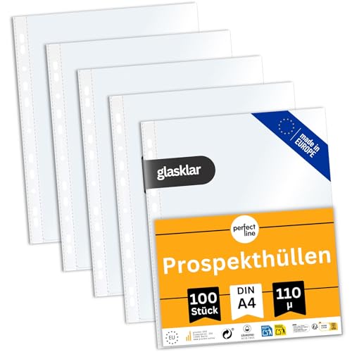 perfect line - 100 Prospekthüllen A4 Klarsichtfolien Glasklar Extra-Stark 110 my dokumentenecht säurefrei - (1 x 100 Stk.)