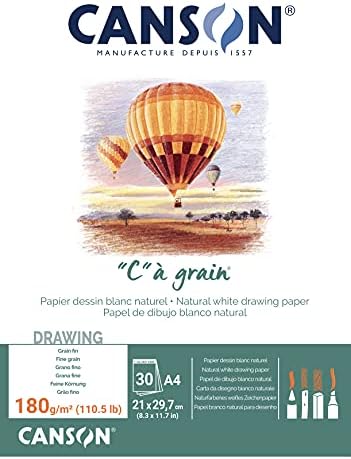 Canson "C à Grain A3 224g White Drawing & Sketching Paper Pad, 30 Sheets, Fine Grain Texture, Glued on Short Side, Ideal for Professional Artists