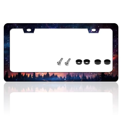 Starry Sky Galaxy License Plate Frame Beautiful Night Forest Funny License Plate Holder for Front or Rear Car Tags Durable Stainless Steel Car Decoration with Screws 6.3 X 12.2 in for Men Women