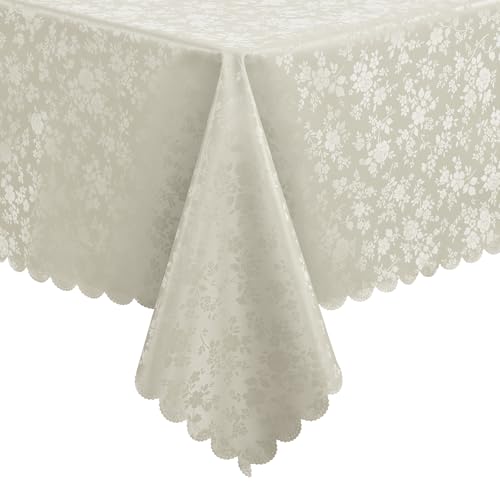 Image of Smiry Rectangle Waterproof Heavy Duty Vinyl Tablecloths, 60 x 102 Inch | Wipeable Washable Floral Embossed Table Cover for Kitchen and Dining Room, Indoor & Outdoor Use, Sand