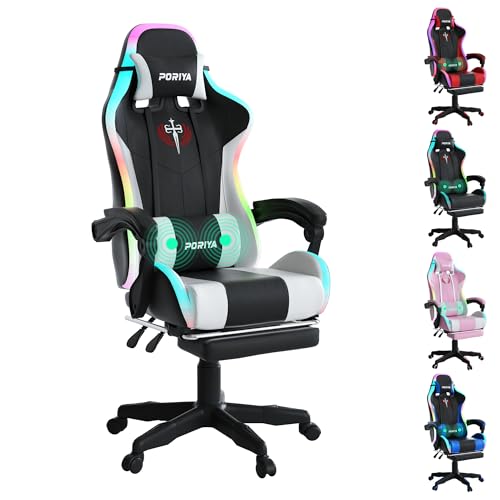 PORIYA Gaming Chair with Adjustable Backrest Ergonomic Executive Office Chair Height Adjustable Racing Chair Maximum Gaming Experience (White Massage&LED)