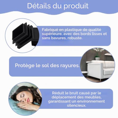 Leucasa 4 Pièces Bouchons à Lamelles 60X60mm Bouchon Pied de Chaise Bouchon Tube Carré pour Tubes Métalliques, Pieds de Chaises, Pieds de Canapés, Pieds de Tables (4, 60X60mm) – vue 4