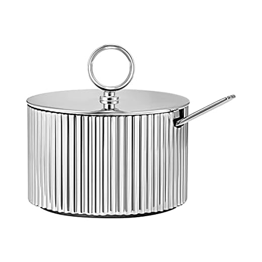 Georg Jensen Sugar Bowl med sked, rostfritt stål genom Sigvard Bernadotte