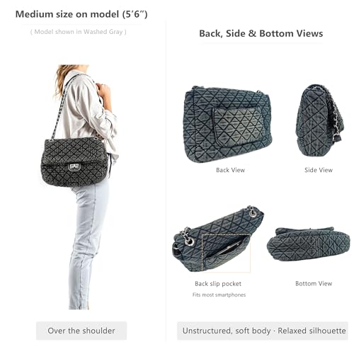 Image of M-ioi-M Quilted Denim Purse, Shoulder Bag for Women, Crossbody Flap Tote Bag,Silver Chain Hobo Bag, Vintage Washed Jean Purse