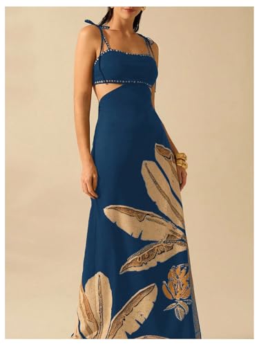 Image of SOLY HUX Women's Summer Maxi Dress Boho Print Tie Shoulder Spaghetti Strap Cut Out Tie Back Cami Dresses Sundress