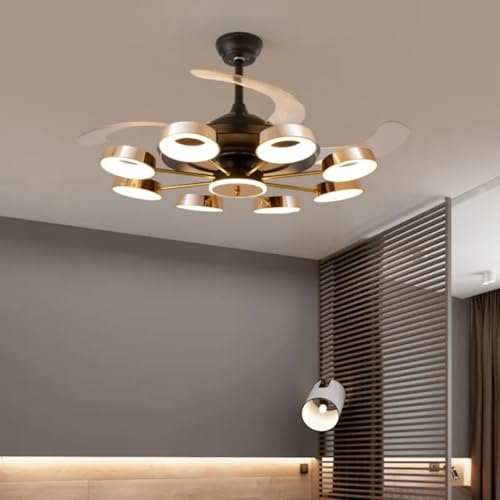 Image of Glowave 8 Light Glass Black Chandelier Fan 42 Inch Retractable Blades Remote Control - Tricolour | Warm White, White, Natural White | (FI 1183 Bk)