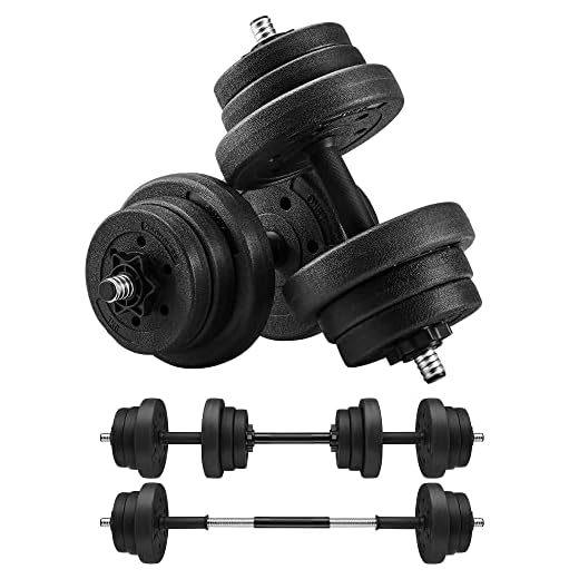 SONGMICS Set di Manubri 2 in 1, 2 Manubri Regolabili 2 x 10 kg, con Barra Bilanciere Extra in Acciaio, Rivestimento di Plastica, Allenamento Esercizio Fitness, Palestra a Casa, Nero SYL20HBK