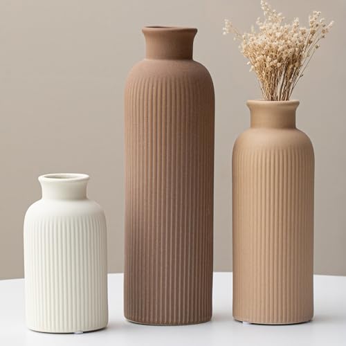 25 cm, Keramik Vasen Set 3er, Kleine Blumenvasen für Dekor, Orange, Gelb, Weiß (Kaffee-Mischung)