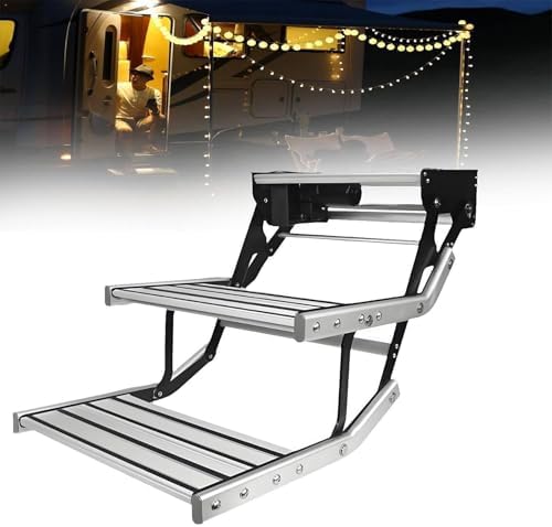 Electric RV Steps - 12V Auto-Folding with 80W Waterproof Motor, 9W LED Light, 200KG Capacity, Widened Anti-Slip Aluminum Platform - Ideal Entry Step for Class A Motorhomes