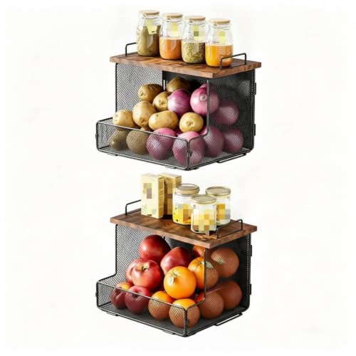 Yajuyi Kitchen Wall Storage Rack Wall Mount Mesh Basket Shelf Organizer With Wooden Top Board Foldable Frame For Vertical Space Saving Suitable for kitchens pantry organization office break rooms - Image 3