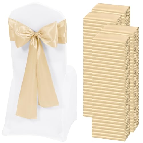 REWOMC 120 PCS Champagne Satin Chair Sashes, 7 x 108 Inch