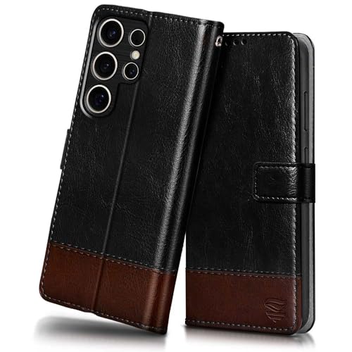Image of FLIPPED Vegan Leather Flip Case Back Cover for Samsung Galaxy S25 Ultra 5G (Flexible, Shock Proof | Hand Stitched Leather Finish | Card Pockets Wallet & Stand | Black with Brown)