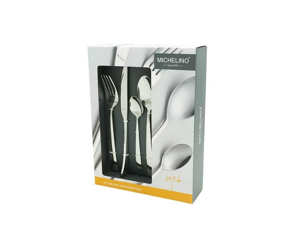 MICHELINO Set Posate 24 Pezzi Serie Mila - Acciaio Inox Lucidato, Per 6 Persone - Coltelli, Forchette, Cucchiai, Cucchiaini Da Caffè