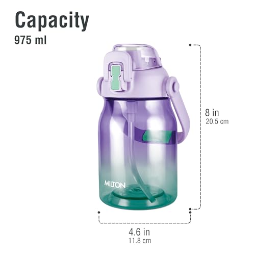 Image of MILTON Juwel 1000 Premium Crystal Clear Unbreakable Material Sipper Water Bottle | BPA Free | One-Touch Open|Leak-Proof | Sturdy Handle Cum Mobile Holder | Ideal for Office, School, Gym, 975ml, Purple