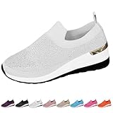 DUOCHSUA Women's Rhinestone Decor Platform Sneakers Slip-On Outdoor Shoes, Breathable Mesh Sparkly Glitter Tennis Shoes for Women (White,37EU)
