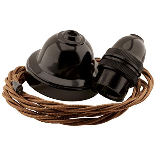 Repaireum Ltd. Dark Brown Bakelite Repaireum Ltd. Ceiling Pendant Kit with 1 Meter 3Core Antique Gold Braided Twisted Flex UK Made