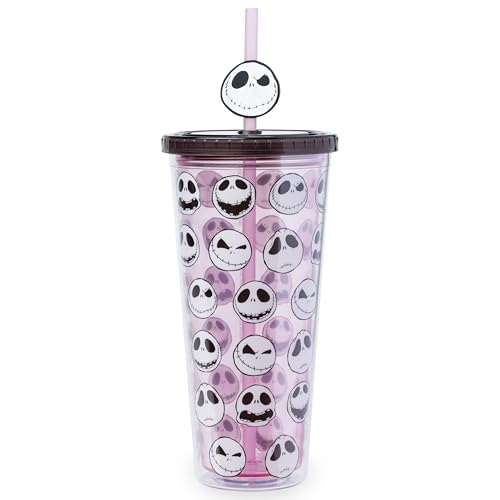 Silver Buffalo Disney Tim Burton's Nightmare Before Christmas All the Emotions of Jack Skellington Plastic Cold Cup with Lid and Straw Topper, 24 Ounces