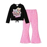 L.O.L. Surprise! Girls 2 Piece Outfits Tie Knot Long Sleeve Tee Top and Heart Pink Bell Bottom Flared Pants Set Black 5-6 Years