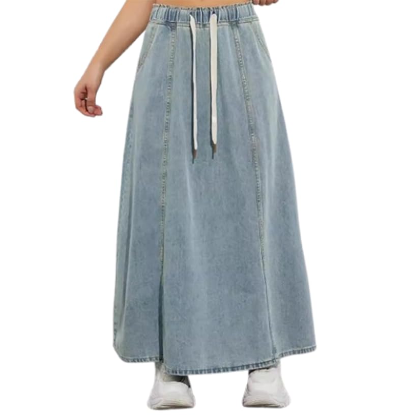Women Long Jean Skirts Elastic High Waisted Denim Skirts Casual Flowy Drawstring Maxi Skirts with Pocket Fall