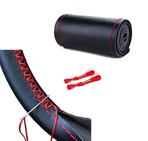 ハンドルカバー 編み込み式 革 ステアリングカバー 普通者 軽自動車 レザーカバー 編み上げタイプ ステアリングカバーパーツ 内装カスタム 糸 ドレスアップアクセサリー (black & Red line)