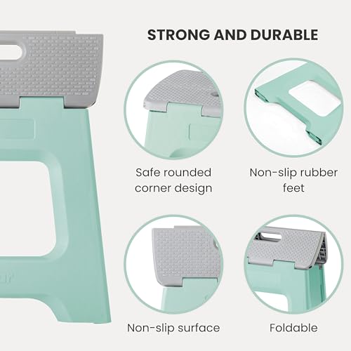 Image of Vigar Compact Folding Step Stool, 12-1 /2 in, Light Turquoise | 12-1 /2 in Foldable Stool, Lightweight Portable Design, Handle, Non Slip Surface, Space-Saving, Supports up to 330 lb
