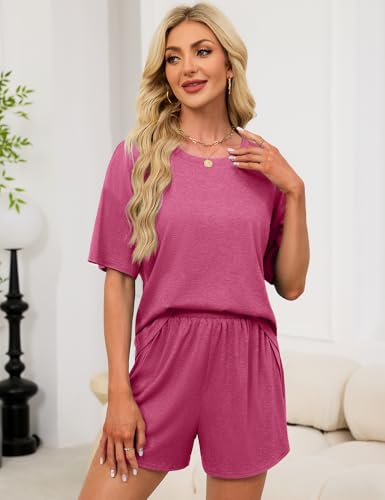 Image of JUSTFASHIONNOW Womens Pajama Sets Shorts Striped Print Two Piece Lounge Sets Crew Neck Sleepwear Split Shorts Set Soft Pjs