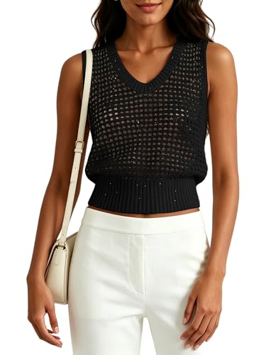 Image of Women's Crochet Tank Tops Sleeveless Sequins Lightweight Sweaters Bohemian Beach Hollow Out Knitted Vest