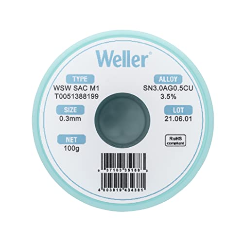 Image of Weller WSW SAC M1 (T0051388199) Lead Free Solder Wire, Dia: 0.3 mm / 0.012 in, Wt: 100 g / 3.527 oz, Alloy Sn96.5Ag3.0Cu0.5, Flux content 3.5%