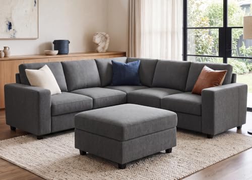 HONBAY 6 Seats 80 Inch L Shaped Sectional Sofa with Ottoman,Light Grey