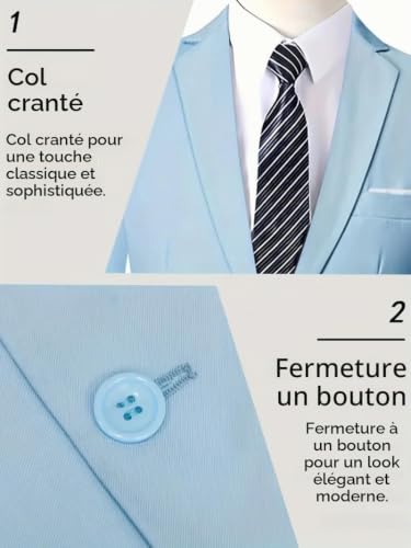 i · FineLong Ensemble Deux pièces pour Homme, Costume de cérémonie à Un Bouton, Coupe ajustée, pour Mariage ou Bal de Promo (FR/ES, Alpha/Lettres, 3TG, Taille Normale, Taille Normale, Bleu Ciel) – vue 6