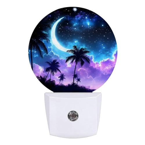 Image of Palm Tree Night Light Purple Blue Night Moon Night Lights LED Lamp Round Plug into Wall Nightlight with Dusk to Dawn Sensor Home Hallway Stairway Kitchen Decor