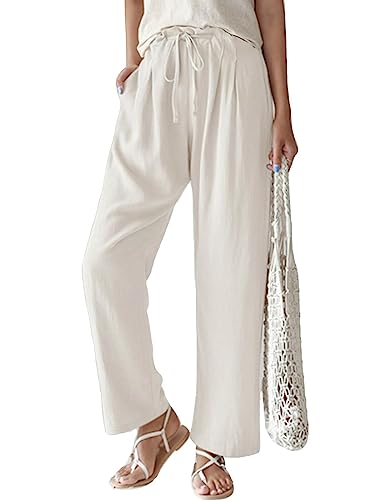 CHARTOU Women's Cotton Linen Palazzo Pants Casual Drawstring Elastic Waist Wide Leg Beach Pants with Pockets