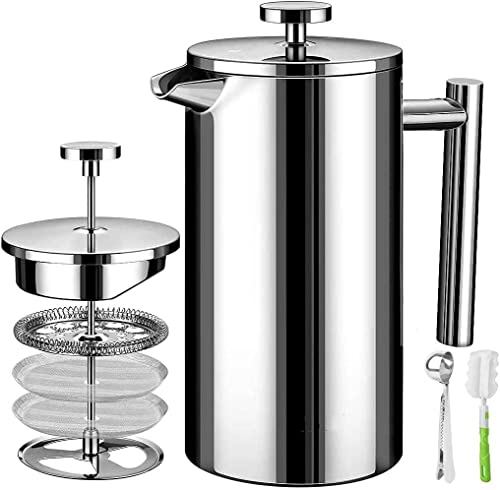 Cafetera Prensa Francesa de Acero Inoxidable de Doble Pared, 750ml Cafetera y Tetera Cafetera de Émbolo con 2 Filtros, 1 Cucharas y 1 Cepillo de Esponja para Hacer Café y Té...