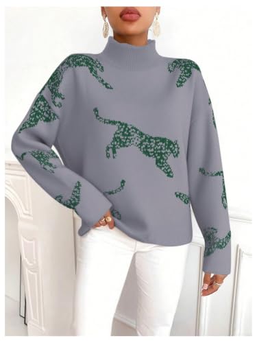 Image of WDIRARA Women's Leopard Tiger Print Sweater High Neck Long Sleeve Fuzzy Knitted Pullover Top