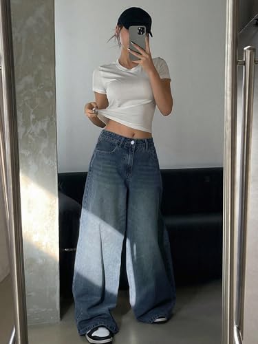 Image of Shasmi Women's Black Wide Leg Baggy Jeans | Loose Fit Denim Pants for Women | High Rise Streetwear | Casual Oversized Wide Leg Denim | Korean Style Baggy Trousers with Pockets (Jeans 296)
