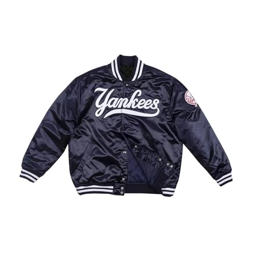 Men's Satin Varsity Bomber Jacket, Navy Blue, NY Ynkes Button Front Baseball style Jacket3