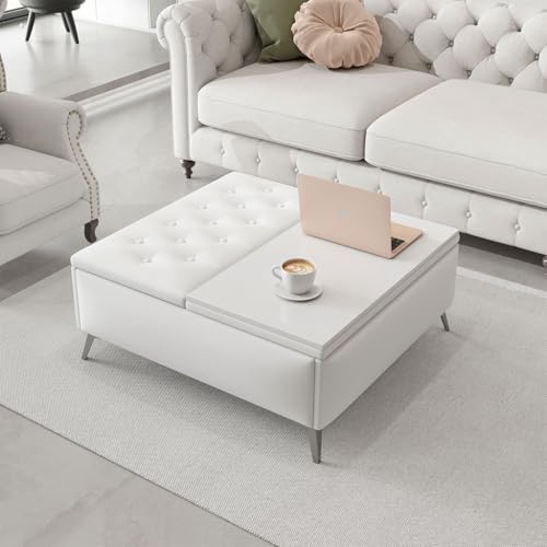 HOYOC Ottoman Coffee Table, 35\" Large Square Storage Ottoman Bench with Lift Top Storage and Upholstered Tufted Upholstered Coffee Table Tufted Storage Ottoman for Living Room,White