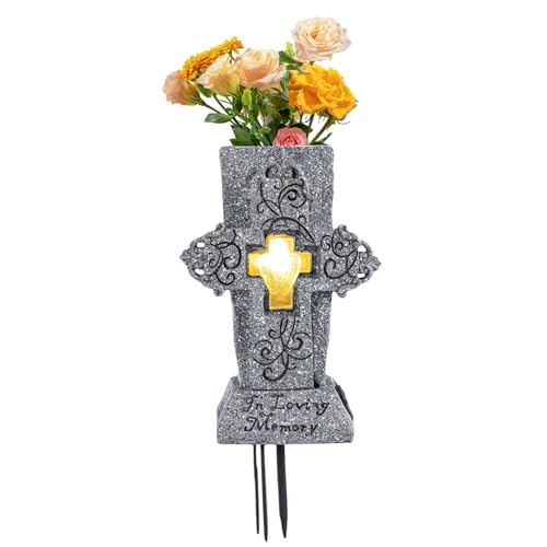 Vasi di cimitero per tomba, porta floreale incrociata per il cimitero con luce solare, supporto per fiori di resina tomba con punta a terra per perdita di doni di simpatia amata