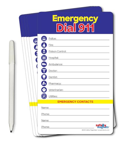 Safety Magnets by ZOCO – Emergency Numbers List with Marker (5-Pack) – Write-On Refrigerator Magnet for Important Phone Numbers & Contacts – 5.25 x 8.5 inch