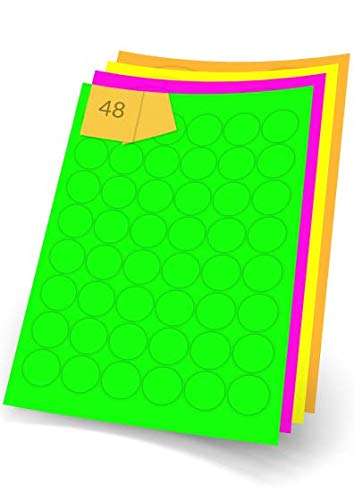 Fluorescent Coloured Round Pink, Orange, Yellow or Green A4 Printer Labels, Inkjet or Laser, 48 per Sheet, 30mm Diameter (Orange, 500)
