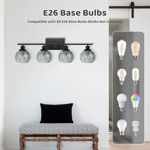 Image of 4-Light Bathroom Vanity Light, Black with Green Ribbed Glass Shades, Mid-Century Modern Wall Sconce Industrial Farmhouse Bathroom Wall Light for Hallway Bedroom Bedside Over Mirror