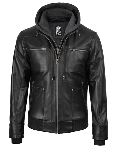 Image of fjackets Disc Hooded Leather Jackets for Men With Removable Hood - Mens Black Bomber Jacket | [1105184] Jeffery Blk, L