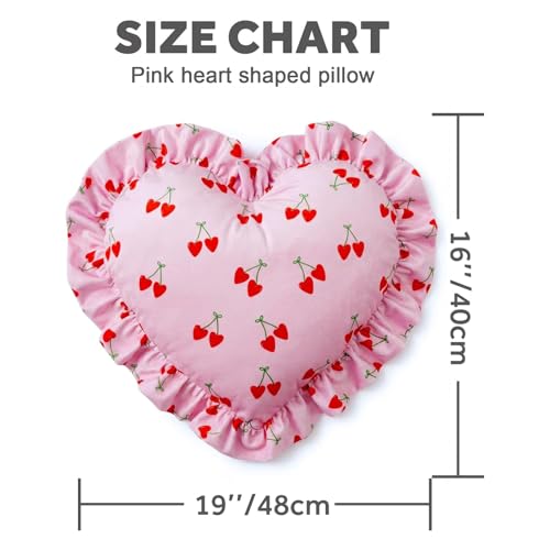 VigorSpring 19x16 Inch Pink Heart Pillow with Ruffles, Cute Cherry Printed Heart Shaped Plush Pillow, Ideal Valentine's Day for Mom Wife Girlfriend, Home Decor by VigorSpring - Image 3