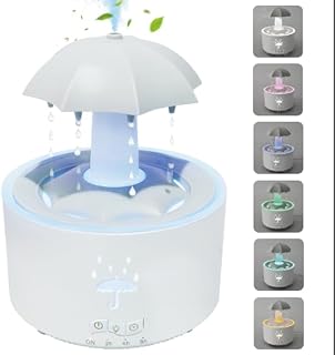 Rain Umbrella Humidifier with 7 Colors LED Light, 300ml Rain Humidifier with Timer, Rain Sounds Mushroom Aroma Diffuser, Humidifier Water Drip for Home Bedroom Desk (White)