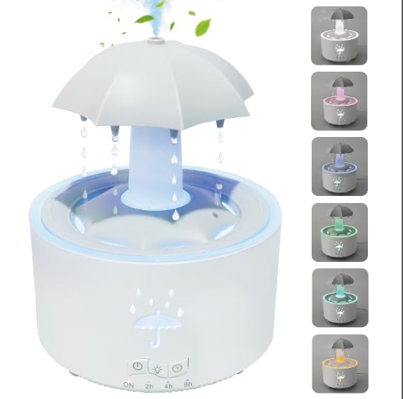 Rain Umbrella Humidifier with 7 Colors LED Light 300ml Rain Humidifier with Timer Rain Sounds Mushroom Aroma Diffuser