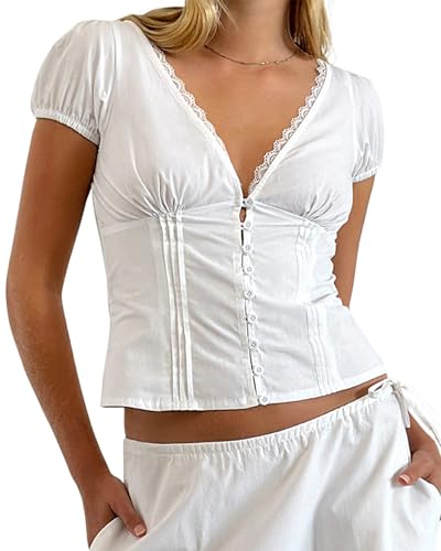 Alinelle Women Y2K Cute Crop Top Puff Short Sleeve V Neck Slim Fit Ruffle Hem T-Shirt Floral Eyelet Fairy Grunge Milkmaid Babydoll Blouse (White D, M)