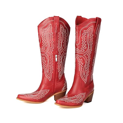 Image of Knee High Cowboy Boots Women Western Embroidered Cowgirl Boot Pointed Toe Chunky Heel Pull On Side Zipper