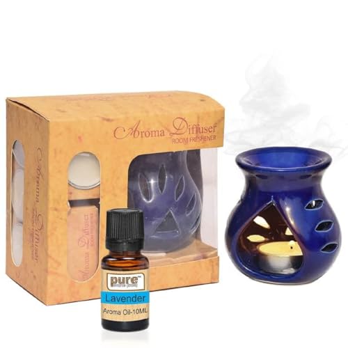 Pure Source India Juego de regalo de aroma de cerámica con aceite aromático de lavanda de 0.3 onzas líquidas y 4 velas de té, viene en paquete de regalo (juego completo de regalo de aroma que viene en